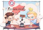  2boys anger_vein angry animification arc_reactor armor avengers_(series) black_shirt blank_speech_bubble blonde_hair blue_eyes blue_pants blue_shirt bolt_(hardware) book border brown_hair clenched_hands coffee cup dumbbell english_commentary facial_hair flying_sweatdrops grey_pants hand_on_own_hip helmet highres looking_at_another male_focus marvel marvel_cinematic_universe mechanical_arms multiple_boys no_mouth open_mouth outside_border pants peachline1106 pencil polka_dot polka_dot_background robot shield shirt short_hair short_sleeves speech_bubble standing star_(symbol) steve_rogers t-shirt table tony_stark v-shaped_eyebrows white_border yellow_armor yellow_background 