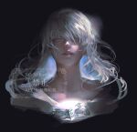  1boy androgynous artist_name black_background blue_eyes final_fantasy final_fantasy_xiv looking_at_viewer male_focus mask mask_around_neck medium_hair portrait realistic simple_background solo sophist&#039;s_robe_(ff14) themis_(ff14) watermark white_hair youki_(gdn) 