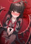  1girl absurdres arima_kana black_sailor_collar black_serafuku black_shirt black_skirt black_wings blood blood_stain blue_archive blush breasts cleavage closed_mouth halo highres large_breasts long_hair long_sleeves low_wings neckerchief nose_blush red_eyes red_halo red_neckerchief ryon_y0421 sailor_collar school_uniform serafuku shirt skirt smile solo steepled_fingers sweat tsurugi_(tokyo_blade) undone_neckerchief wings 
