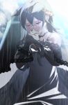  1girl animal_ears black_dress black_ribbon black_veil black_wings cat_ears choker claws closed_eyes closed_mouth cloud cloudy_sky commission commissioner_upload debuff999 dress feathered_hair feathered_wings funeral_dress gold_claws gradient_skin highres kneeling laurel_crown non-web_source original outdoors praying rain ribbon sad scar scar_across_eye scar_on_face sky solo thorns veil wet wings 
