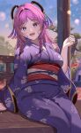  1girl :d absurdres blue_eyes blush braid citlali_(genshin_impact) commentary_request evening feet_out_of_frame fish genshin_impact goldfish hair_ornament highres japanese_clothes kimono long_hair long_sleeves looking_at_viewer obi open_mouth outdoors parted_bangs pink_hair purple_kimono red_sash rererere_mon sash sitting smile solo summer_festival twin_braids wide_sleeves 