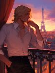  1boy axis_powers_hetalia balcony black_pants blonde_hair blue_sky building city closed_mouth cloud cloudy_sky collarbone collared_shirt cowboy_shot curtains eiffel_tower en_llll evening facial_hair france_(hetalia) gradient_sky hand_in_pocket hand_up highres lips long_sleeves looking_at_viewer male_focus open_clothes open_shirt outdoors pants paris purple_eyes shirt short_hair sky smile solo standing sunset tower white_shirt window yellow_sky 