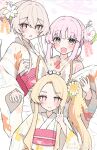  3girls alternate_costume alternate_hairstyle animal_ear_fluff animal_ears animal_on_head bird bird_on_head blue_archive blush carrying closed_mouth floral_print floral_print_kimono flower forehead fox_ears fox_girl hair_bun hair_flower hair_ornament highres japanese_clothes kimono long_hair mika_(blue_archive) multiple_girls nagisa_(blue_archive) obi on_head open_mouth pink_eyes pink_hair pink_sash princess_carry print_kimono sash sateto_(user_knrf2332) seia_(blue_archive) side_ponytail sidelocks smile sweat tea_party_(blue_archive) w white_flower white_kimono yellow_eyes 