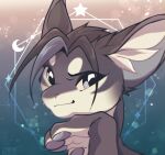 absurd_res anthro digital_media_(artwork) dracatta fur grey_body grey_eyes grey_fur grey_hair grey_pawpads hair hand_on_head hi_res hybrid looking_at_viewer male nude pawpads portrait semi-anthro simple_background smile solo white_body white_fur white_inner_ear