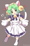  1girl animal_hands animal_hat apron bell blue_dress cat_hat dejiko di_gi_charat dress full_body gloves green_eyes green_hair grey_background hat highres jingle_bell looking_at_viewer mittens neck_bell open_mouth paw_gloves ramudia_(lamyun) solo white_apron white_mittens 