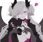  1girl 55nyako20 black_hands black_jacket blush breasts colored_extremities demon_wings fate/grand_order fate_(series) four-finger_heart_hands green_eyes heart heart_hands highres horns jacket lilith_(fate) lilith_(second_ascension)_(fate) looking_at_viewer one_eye_closed pointy_ears smile solo twintails upper_body white_background white_hair wings 