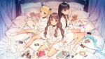  3girls black_hair blonde_hair blue_eyes bobby_socks breasts character_request choker commentary_request cordelia_(machine_child) curtains dress expressionless flat_chest florine_(machine_child) full_body green_eyes grey_hair key_visual looking_at_viewer machine_child multiple_girls official_art oyari_ashito pillow promotional_art purple_eyes sailor_dress sitting small_breasts smile socks stuffed_animal stuffed_rabbit stuffed_toy teddy_bear twintails white_dress white_socks 