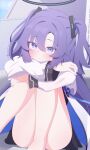  1girl :s absurdres ass barefoot black_halo black_skirt blue_archive blush closed_mouth commentary_request eyes_visible_through_hair fortysansan hair_ornament halo highres hugging_own_legs jacket long_hair mechanical_halo purple_eyes purple_hair sitting skirt solo thighs twintails white_jacket yuuka_(blue_archive) 