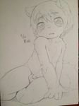  anthro balls big_eyes eyebrows flaccid hair kemono looking_at_viewer male monochrome nipples nude open_mouth penis plain_background pose sirotae_konnta sitting sketch solo young 