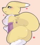  &lt;3 2015 anthro bandai berseepon09 black_nose blue_eyes blush bow breasts butt canine chest_tuft cute digimon eyelashes female fox fur looking_at_viewer looking_back mammal nipples open_mouth plain_background raised_tail renamon shadow shiny smile solo tongue tuft yellow_fur 