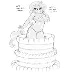  2015 anthro anthrofied breasts cake clothed clothing cream cutie_mark dialogue english_text equine female food friendship_is_magic greyscale hair half-dressed hat horn looking_at_viewer mammal monochrome my_little_pony navel nude panties party_hat rarity_(mlp) sirmasterdufel solo text topless underwear unicorn weight_gain 