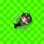  1boy afloat black_coat black_hair blank_stare blush chibi chibi_only coat collared_shirt eyewear_on_head feet_up floating full_body green_eyes green_necktie green_theme hashtag-only_commentary highres innertube leaning_back limbus_company necktie primrose_field_illusion project_moon ripples samdaro11 samjo_(project_moon) shirt short_hair solo swim_ring white_shirt 
