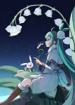  1girl 1other ahoge aqua_eyes aqua_hair aqua_nails capelet closed_mouth cropped_torso flower fur-trimmed_capelet fur_trim gold_trim green_ribbon hair_flower hair_ornament hatsune_miku highres holding holding_flower lily_of_the_valley long_hair long_sleeves looking_at_viewer official_alternate_costume parted_lips ribbon sample_watermark sky snowflake_print star_(sky) starry_sky treble_clef twintails upper_body vocaloid wakolenrin watermark white_background white_capelet white_flower yuki_miku yuki_miku_(2015) 