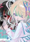  2girls :d ame-chan_(needy_girl_overdose) bathroom black_eyes black_hair bleeding blonde_hair blood blood_from_forehead blue_eyes blue_hair blue_serafuku bow broken_mirror chouzetsusaikawa_tenshi-chan chromatic_aberration colored_tips commentary crack cracked_glass dual_persona hair_bow hair_ornament hair_over_one_eye hand_on_mirror head_tilt highres looking_at_viewer mika3kami mirror multicolored_hair multiple_girls multiple_hair_bows neck_ribbon needy_girl_overdose one_eye_covered pink_hair quad_tails red_shirt ribbon school_uniform serafuku shirt sink smile star_(symbol) tile_wall tiles upper_body x_hair_ornament 