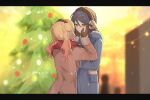  2girls absurdres black_hair blonde_hair blue_coat blurry blurry_background blush brown_coat brown_gloves christmas christmas_tree closed_mouth coat commentary couple cowboy_shot depth_of_field double-parted_bangs earmuffs gloves grey_eyes hair_between_eyes hand_on_another&#039;s_neck hands_on_another&#039;s_cheeks hands_on_another&#039;s_face hands_up highres hoshino_ichika_(project_sekai) long_bangs long_hair long_sleeves looking_at_another multiple_girls outdoors pann_(1202zzzx00) project_sekai red_scarf scarf standing symbol-only_commentary tenma_saki twintails winter winter_clothes yuri 