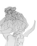  2boys alternate_species animal_ears arched_back au_ra biceps blush body_markings cat_ears cat_tail closed_eyes cloud_strife commentary facial_mark final_fantasy final_fantasy_vii final_fantasy_viii final_fantasy_xiv from_side hair_intakes hand_on_another&#039;s_neck hand_up highres horns leaning_forward male_focus miqo&#039;te monochrome multiple_boys navel nipples parted_bangs pectorals ryouto short_hair simple_background squall_leonhart standing sweat tail tail_pull tail_wrap toned toned_male upper_body warrior_of_light_(ff14) white_background yaoi 