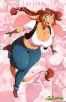  2015 anthro big_breasts bovine breasts brown_fur brown_hair chalo cleavage clothed clothing english_text female fur green_eyes hair horn las_lindas long_hair looking_at_viewer mammal midriff mora_linda necklace open_mouth solo text thick_thighs voluptuous wide_hips 