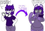 absurd_res book bottomwear clothing colored dialogue dooderino english_text eyewear felid feline felis glasses hair hi_res human_to_anthro male mammal nerd nerdification open_mouth pants purple_body purple_hair raised_tail shirt short_hair soldering species_transformation speech_bubble spiral_glasses tagme tail text topwear transformation