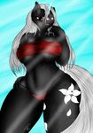  anthro big_breasts black_fur breasts clothing cutie_mark equine fan_character female fur hair hi_res horn huge_breasts long_hair looking_at_viewer mammal my_little_pony navel open_mouth red_eyes smile standing swimsuit tight_clothing torn_clothing turnstylz unicorn white_hair 