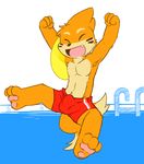 2014 3_toes 4_fingers anthro buizel bulge clothing eyes_closed fur male muscles nintendo oob open_mouth orange_fur pawpads paws pok&eacute;mon pool sharp_teeth smile solo swimming_trunks swimsuit teeth toes video_games water 