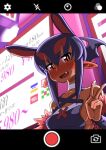  akuyome arm_warmers bare_shoulders blush camera_phone choker dark_skin fang fur_trim highres love_hotel matsuda_yuusuke pointy_ears red_eyes shy sweatdrop v white_choker yome_(akuyome) 