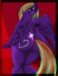  &lt;3 absurd_res anthro clothing cutie_mark equine fan_character feathers female fur hair hi_res long_hair looking_at_viewer looking_back mammal my_little_pony panties pegasus presenting purple_fur rear_view red_eyes smile solo standing turnstylz two_tone_hair underwear wings 