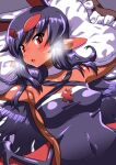  akuyome bare_shoulders blush choker dark_skin ear_blush fang highres lying matsuda_yuusuke on_back on_bed pillow pointy_ears red_eyes sweatdrop white_choker wings yome_(akuyome) 