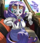 2015 anthro anthrofied blue_eyes blush car clothing dialogue ear_piercing english_text equine eyelashes eyeshadow eyewear female friendship_is_magic hair hi_res horn inside long_hair looking_at_viewer makeup mammal my_little_pony piercing pointing purple_hair rarity_(mlp) sitting solo sunglasses text unicorn white_body ziemniax 