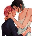  2girls alien_stage bare_arms black_hair black_shirt blush breasts camisole closed_mouth commentary hand_in_another&#039;s_hair hand_on_another&#039;s_neck hashtag-only_commentary lesly_oh mizi_(alien_stage) multiple_girls pink_hair scar scar_on_face shirt short_hair simple_background small_breasts strap_slip sua_(alien_stage) white_background white_camisole yuri 
