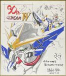  anniversary commentary_request copyright_name dated feathers green_eyes gundam gundam_wing gundam_wing:_endless_waltz highres kusumegi_shin&#039;ya marker_(medium) mecha mecha_focus mobile_suit no_humans robot science_fiction shikishi signature traditional_media translation_request v-fin wing_gundam wing_gundam_zero_custom 