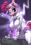  2015 anthro anthrofied atryl big_breasts blue_eyes breasts clothing costume digital_media_(artwork) earth_pony equine female fili-second_(mlp) friendship_is_magic fur hair horse lightning mammal my_little_pony one_eye_closed open_mouth pink_fur pink_hair pinkie_pie_(mlp) pony power_ponies_(mlp) solo wink 