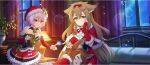  3girls ahoge amy_(konosuba) animal_ear_fluff animal_ears armpit_crease bat_wings bed bedroom bell braid braided_sidelock breasts bridal_gauntlets brown_eyes brown_hair capelet child choker christmas circle cleavage closed_mouth curtains desk_lamp double-parted_bangs dress droopy_ears fingerless_gloves fur-trimmed_capelet fur-trimmed_dress fur-trimmed_gloves fur-trimmed_headwear fur_choker fur_trim game_cg gift gloves hair_between_eyes hand_on_another&#039;s_head hand_on_own_cheek hand_on_own_face hat hat_ornament highres holding holding_gift indoors kono_subarashii_sekai_ni_shukufuku_wo! konosuba!_fantastic_days lamp lap_pillow large_breasts leaning_forward long_hair looking_at_another low_twintails magic matching_outfits medium_breasts medium_hair miia_(konosuba) moonlight multiple_girls neck_bell night official_alternate_costume official_art open_mouth pink_eyes pink_hair red_bridal_gauntlets red_capelet red_dress red_gloves red_hat santa_costume santa_dress santa_hat shinjin_succubus_(konosuba) short_dress short_hair sidelocks sitting sleeping smile sparkle standing star_(symbol) star_hat_ornament strapless strapless_dress swept_bangs twintails very_long_hair white_choker window wings 