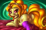  2015 abstract_background adagio_dazzle_(eg) anus bed bedroom_eyes butt clitoris cutie_mark dock equestria_girls equine female feral fshydale hair half-closed_eyes horse legwear looking_at_viewer looking_back mammal my_little_pony necklace orange_hair pony presenting puffy_anus pussy smile solo stockings two_tone_hair 