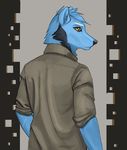  2014 amber_eyes anthro blue_fur canine clothed clothing fur looking_at_viewer male mammal plain_background shazzi shirt solo standing warren wolf 