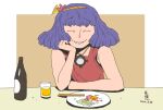  1girl alcohol beer beer_bottle brown_background chopsticks closed_eyes commentary_request cup dated dress egg_(food) food grin hair_ornament hand_on_own_cheek hand_on_own_face leaf_hair_ornament mirror onikobe_rin plate purple_hair red_dress rope short_hair simple_background sleeveless sleeveless_dress smile solo touhou two-tone_background upper_body white_background yasaka_kanako 