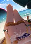  1girl bangboo_(zenless_zone_zero) beach belle_(summer_skies)_(zenless_zone_zero) belle_(zenless_zone_zero) bikini black_nails blue_sky breasts clothes_pull cloud commentary day english_commentary eous_(zenless_zone_zero) female_pov fingernails highres lying medium_breasts nail_polish nashidrop navel ocean official_alternate_costume on_back orange_bikini orange_shorts outdoors pov pulling_own_clothes see-through_clothes see-through_shirt shirt shore short_shorts shorts shorts_pull sky solo_focus stomach swimsuit tied_shirt water zenless_zone_zero 