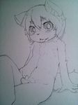  anthro big_eyes cub eyebrows flaccid hair kemono male monochrome nipples nude penis plain_background sirotae_konnta sitting sketch small_penis solo tongue tongue_out young 