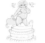  2015 anthro anthrofied breasts cake chubby cream cutie_mark dialogue english_text equine female food friendship_is_magic greyscale hair half-closed_eyes hat horn looking_at_viewer mammal monochrome my_little_pony navel nude party_hat rarity_(mlp) sirmasterdufel solo text unicorn weight_gain 