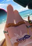  1girl bangboo_(zenless_zone_zero) beach belle_(summer_skies)_(zenless_zone_zero) belle_(zenless_zone_zero) bikini black_nails blue_sky breasts clothes_pull cloud colored_pubic_hair commentary day english_commentary eous_(zenless_zone_zero) female_pov female_pubic_hair fingernails highres lying medium_breasts nail_polish nashidrop navel ocean official_alternate_costume on_back orange_bikini orange_shorts outdoors pov pubic_hair pulling_own_clothes see-through_clothes see-through_shirt shirt shore short_shorts shorts shorts_pull sky solo_focus stomach swimsuit tied_shirt water zenless_zone_zero 