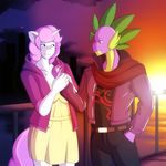  2015 anthro anthrofied city clothing dragon duo equine female friendship_is_magic fur green_eyes hair hand_holding horn jacket leather male mammal marik_azemus34 married my_little_pony purple_scales ring smile spike_(mlp) sundress sunset sweetie_belle_(mlp) two_tone_hair unicorn white_fur 