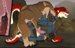 all_fours anal anal_penetration angel_(velvetvlade) anthro anthro_on_feral anthro_penetrated balls bestiality big_fangs bite blue_bodysuit blue_clothing blue_eyes blue_skinsuit blush bodily_fluids bodysuit brown_body brown_fur clothed clothing cum cum_string duo erection fallout fangs felid feral feral_penetrating feral_penetrating_anthro fur genital_fluids genitals green_eyes hair hi_res killthe_demon looking_pleasured male male/male male_penetrated male_penetrating male_penetrating_male mammal microsoft narrowed_eyes night_stalker_(fallout) open_mouth penetration penile penile_penetration penile_spines penis penis_in_ass pink_penis plant red_body red_fur red_hair red_tongue samantha_(nava) sex short_hair shoulder_bite shrub side_view skinsuit tan_body tan_fur teeth tight_clothing tongue torn_bodysuit yellow_balls yellow_body yellow_fur 