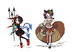  2girls adjusting_eyewear animal_ears asymmetrical_wings black_dress black_sandals black_thighhighs bloomers blue_wings bottle breasts brown_eyes brown_fur brown_shirt brown_skirt collar collared_dress dress frilled_bloomers frilled_skirt frills futatsuiwa_mamizou glasses hair_ornament hand_on_eyewear holding holding_bottle holding_polearm holding_weapon houjuu_nue lace-trimmed_skirt lace_trim leaf leaf_hair_ornament leaf_on_head looking_at_viewer mary_janes multiple_girls neck_ribbon open_mouth parted_bangs pink_bloomers platform_sandals pointy_ears polearm raccoon_ears raccoon_girl raccoon_tail red_eyes red_ribbon red_shoes red_wings ribbon ribbon_shoes sake_bottle sandals shirt shoes short_sleeves signature simple_background skirt smile snake snake_tail snake_wrapped_around_arm tail ten_desires tentacles thighhighs tomoe_(symbol) touhou trident weapon white_background white_collar wings wristband yoiy_san 