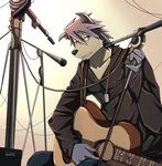  anthro bearlovestiger13 black_nose canine clothing dog dog_tags fangs fur grey_fur grey_hair guitar guitarist hair husky jacket kouya_aotsuki male mammal mic_stand microphone morenatsu musical_instrument musician musikus open_mouth plain_background teeth tongue wires yellow_eyes 