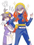  !? 1boy 1girl absurdres belt belt_buckle blue_jacket blue_pants blue_shirt brother_and_sister buckle buttons carmine_(pokemon) closed_mouth collared_shirt commentary_request fanny_pack gloves hairband hand_up highres jacket kieran_(pokemon) long_hair mole mole_on_neck necktie pants pokemon pokemon_sv red_gloves red_necktie shirt shocho_(shaojiujiu) short_hair shorts siblings single_glove smile sparkle white_background white_belt white_jacket yellow_bag yellow_hairband zipper_pull_tab 