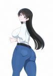  1girl arato_nagi ass black_hair blue_pants blush breasts collared_shirt denim earrings highres jeans jewelry large_breasts long_hair osage_gankyou pants ruri_no_houseki shirt shirt_tucked_in sleeves_rolled_up smile solo standing stud_earrings taut_clothes taut_pants white_background white_shirt wing_collar 