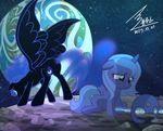  2015 blue_eyes blue_hair bluse chain cutie_mark duo earth equine eyeshadow female friendship_is_magic hair helmet horn makeup mammal moon my_little_pony nightmare_moon_(mlp) outside planet princess_luna_(mlp) rock shackles sitting slit_pupils sparkles star upset winged_unicorn wings young 