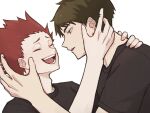  2boys adam&#039;s_apple black_shirt brown_eyes brown_hair commentary_request crew_neck haikyuu!! hand_on_another&#039;s_face hand_on_another&#039;s_neck koutya09 laughing looking_at_another male_focus multiple_boys open_mouth parted_lips profile red_hair shirt short_sleeves simple_background t-shirt teeth tendou_satori tongue upper_teeth_only ushijima_wakatoshi white_background yaoi 