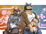  anthro as40728 bulge canine clothing duo feline japanese_text male mammal muscles pants pants_down text underwear wolf 