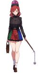  absurdres adapted_costume bag ball_and_chain_(weapon) black_hat black_jacket black_shirt breasts cross flail guilty_merlin handbag hat hecatia_lapislazuli highres holding holding_flail holding_weapon jacket large_breasts looking_at_viewer medium_hair multicolored_skirt red_eyes red_hair shirt simple_background skirt spiked_ball_and_chain touhou underworld_(ornament) weapon white_background 