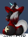  absurd_res anthro arms_behind_head big_breasts black_fur breasts clothing cutie_mark elbow_gloves equine fan_character female fur gloves hair hi_res horn legwear long_hair looking_at_viewer looking_back mammal my_little_pony raised_tail red_eyes sitting solo stockings turnstylz two_tone_hair unicorn 